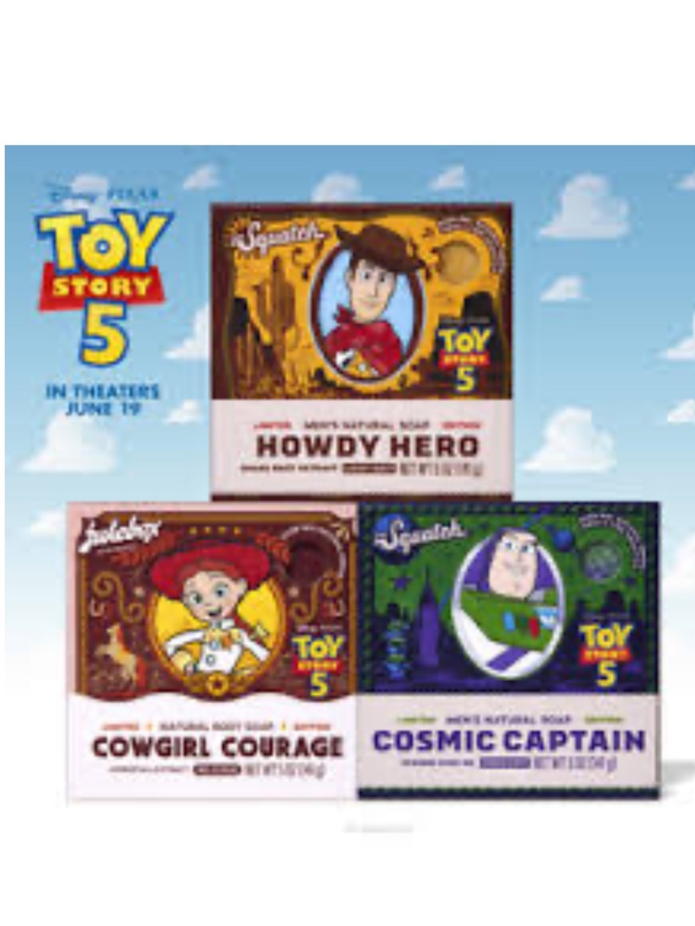 Set of 3 Dr. Squatch Jukebox Toy Story 5 Natural Bar Soap 5oz Woody Buzz Jessie